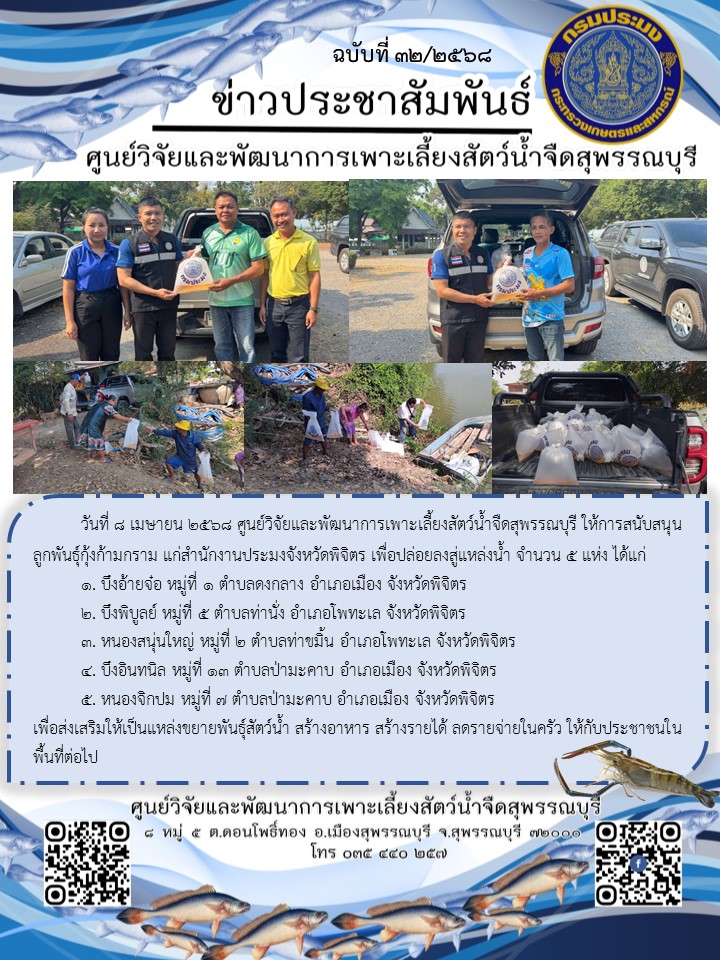 สนับสนุนลูกพันธุ์กุ้งก้ามกราม แก่สำนักงานประมงจังหวัดพิจิตร..คลิก