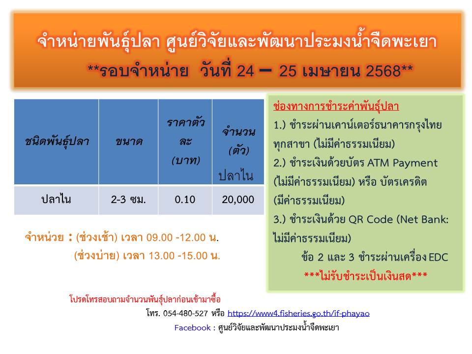 จำหน่ายพันธุ์ปลา ศูนย์วิจัยและพัฒนาประมงน้ำจืดพะเยา รอบจำหน่าย วันที่ 24 - 25 เมษายน 2568 