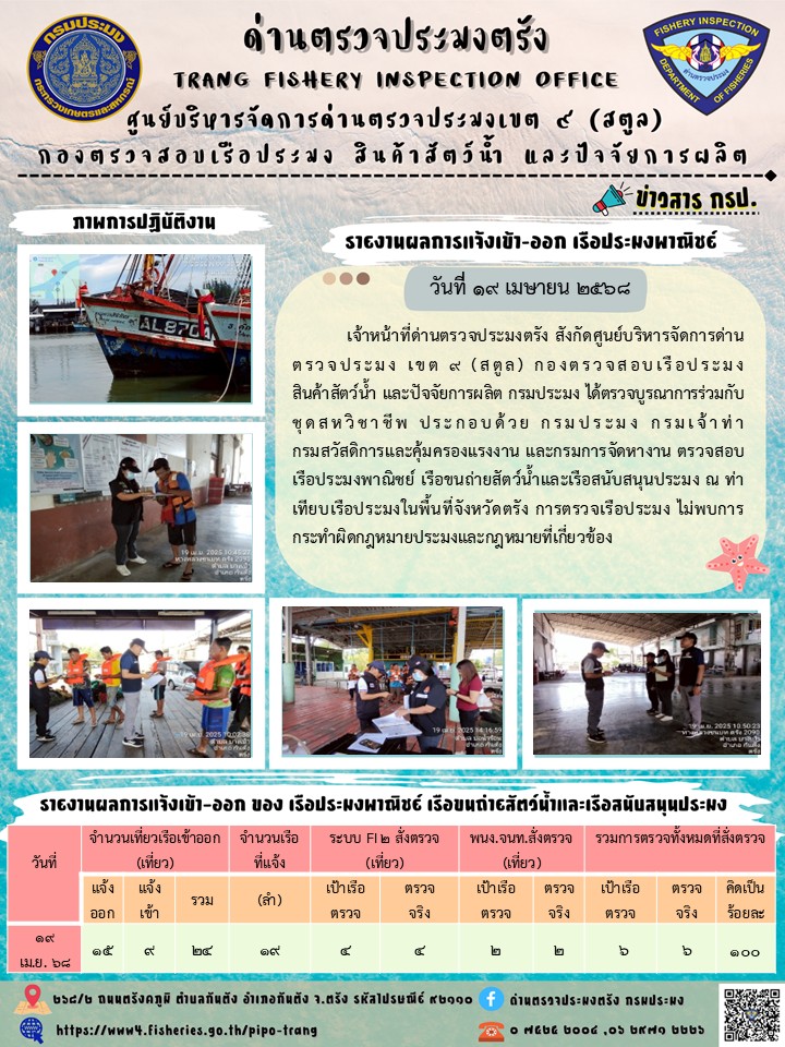 ประชาสัมพันธ์การปฏิบัติงานศูนย์บริหารจัดการด่านตรวจประมงเขต 9 (สตูล) ประจำวันที่ 16-20 เมษายน 2568..คลิก