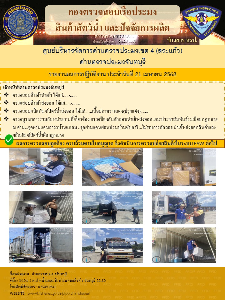 รายงานการปฏิบัติงานประจำวันที่ 21 เมษายน 2568