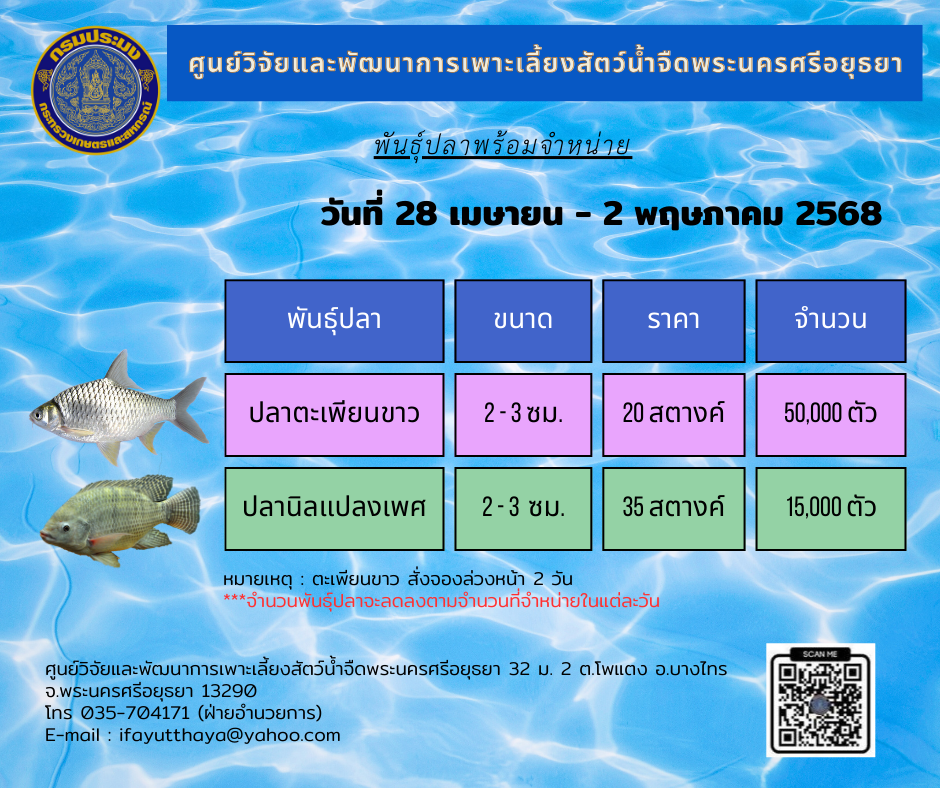 ชนิดพันธุ์สัตว์น้ำพร้อมจำหน่าย (28 เมษายน - 2 พฤษภาคม 2568) ศพจ.พระนครศรีอยุธยา