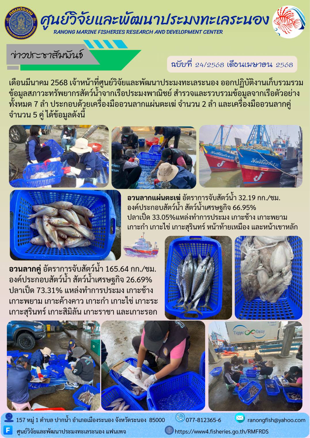 เดือนมีนาคม 2568 เจ้าหน้าที่ศูนย์วิจัยและพัฒนาประมงทะเลระนอง ออกปฏิบัติงานเก็บรวมรวมข้อมูลสภาวะทรัพยากรสัตว์น้ำจากเรือประมงพาณิชย์..คลิก