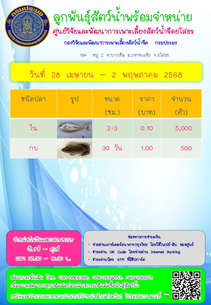 ลูกพันธุ์สัตว์น้ำพร้อมจำหน่าย 28 เม.ย. - 2 พ.ค. 2568