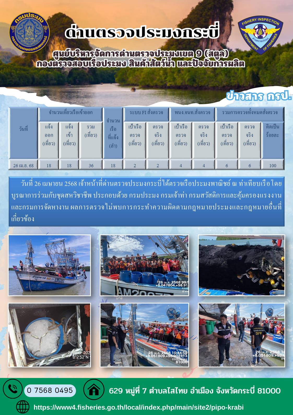 ผลตรวจเรือเรือประมงหน้าท่าวันที่ 22- 26 เมษายน 2568..คลิก