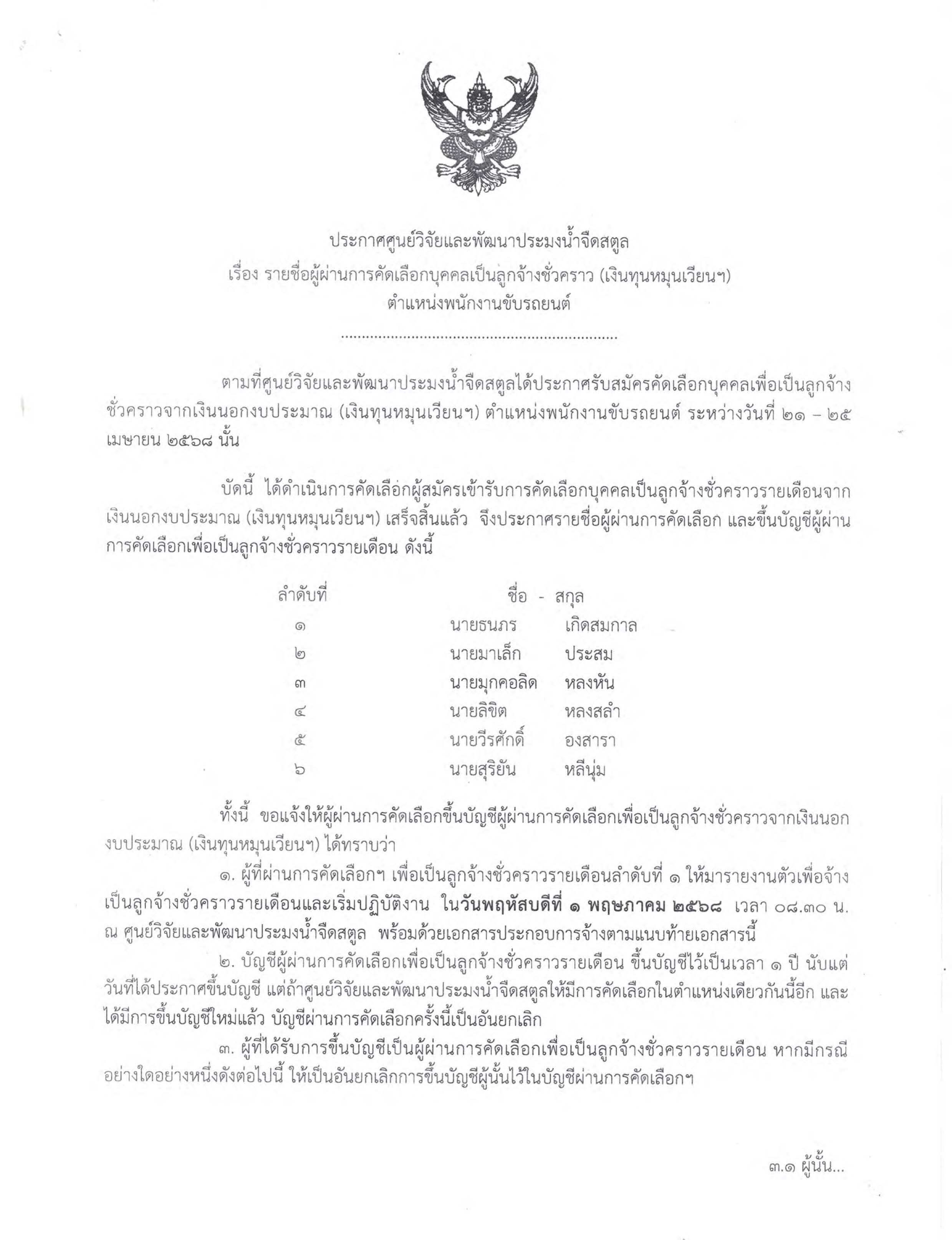 ประกาศรายชื่อผู้ผ่านการคัดเลือกบุคคลเป็นลูกจ้างชั่วคราว (เงินทุนหมุนเวียนฯ) ตำแหน่งพนักงานขับรถยนต์