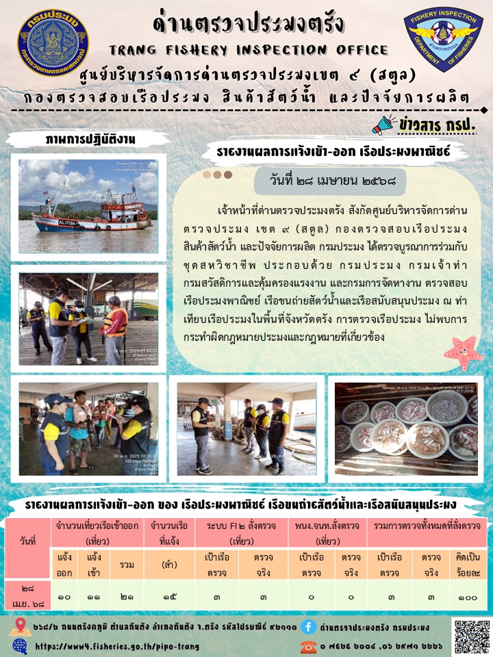 ประชาสัมพันธ์การปฏิบัติงานศูนย์บริหารจัดการด่านตรวจประมงเขต 9 (สตูล) ประจำวันที่ 26-30 เมษายน 2568