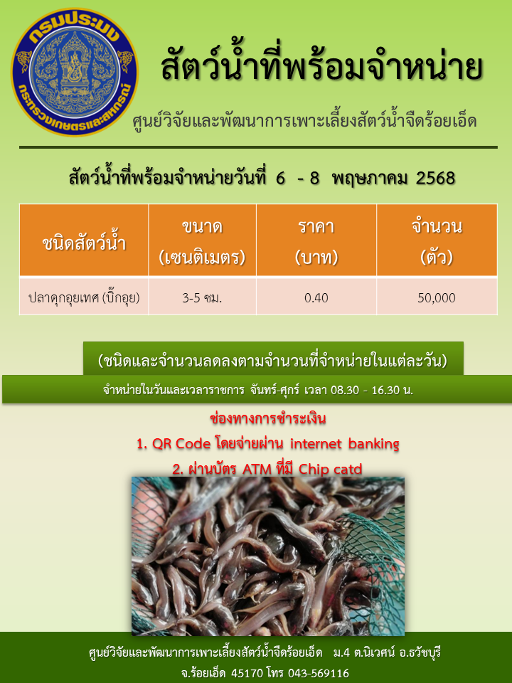 สัตว์น้ำที่พร้อมจำหน่ายวันที่ 6  - 8  พฤษภาคม 2568..คลิก