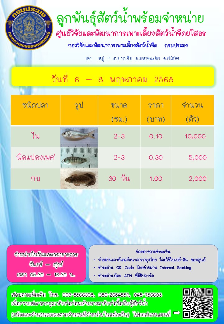ลูกพันธุ์สัตว์น้ำพร้อมจำหน่าย 6 - 8 พ.ค. 2568