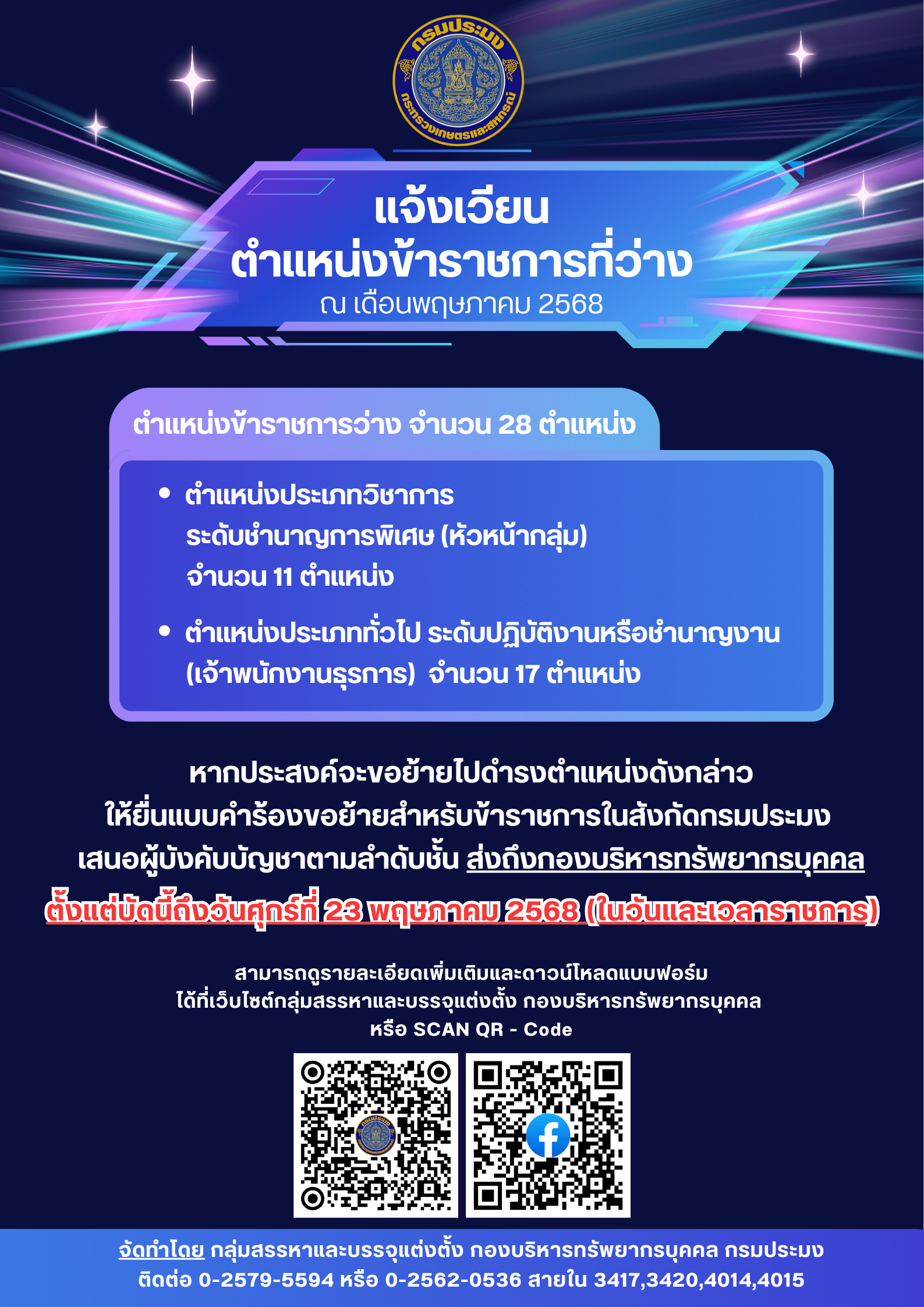 แจ้งเวียนตำแหน่งข้าราชการที่ว่าง ณ เดือนพฤษภาคม 2568