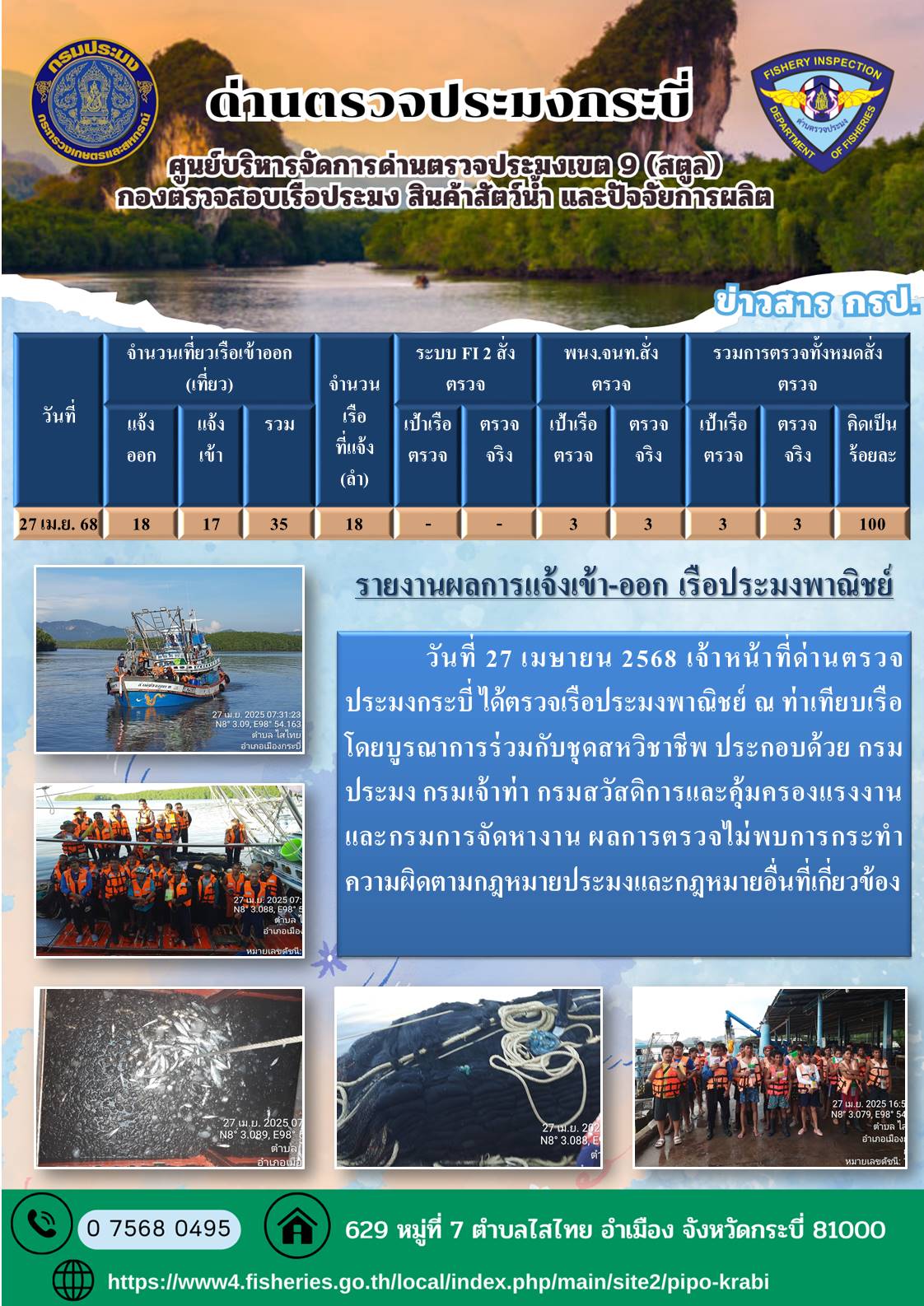 ผลการตรวจเรือประมงหน้าท่าวันที่ 27 เม.ย-2 พ.ค 2568