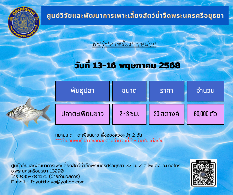 ชนิดพันธุ์สัตว์น้ำพร้อมจำหน่าย (13 - 16 พฤษภาคม 2568) ศพจ.พระนครศรีอยุธยา..คลิก