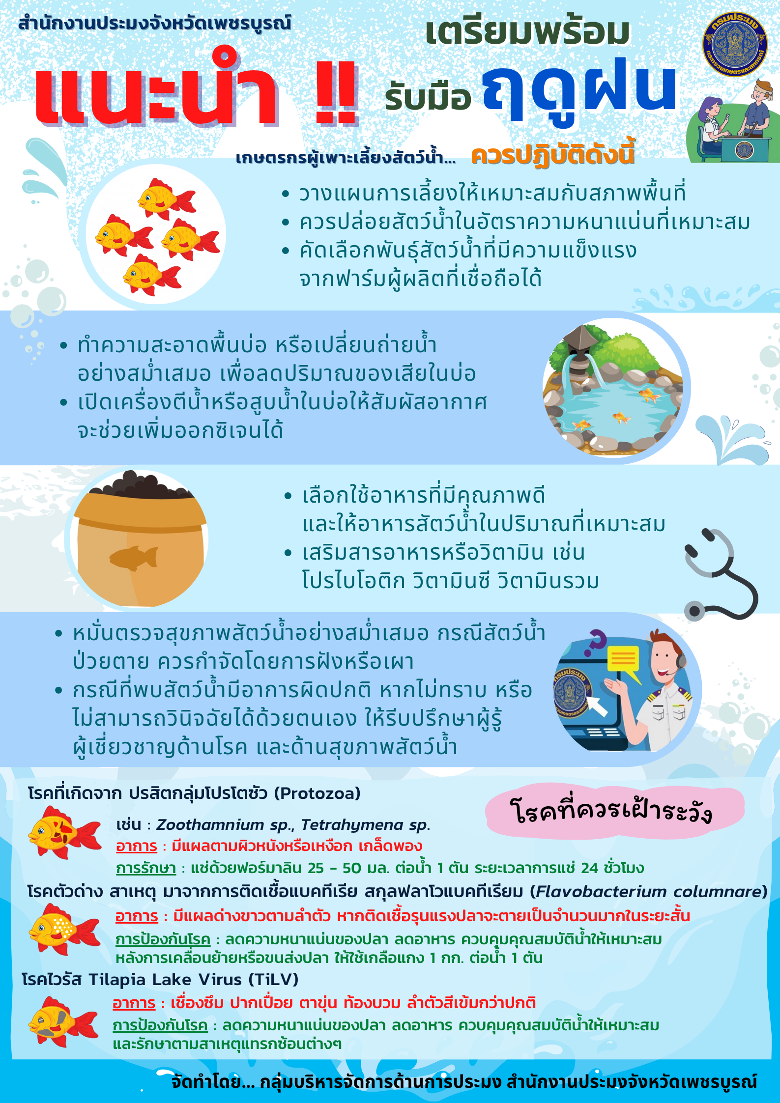 ประมงจังหวัดเพชรบูรณ์ แนะนำการดูแลสัตว์น้ำในช่วงฤดูฝน