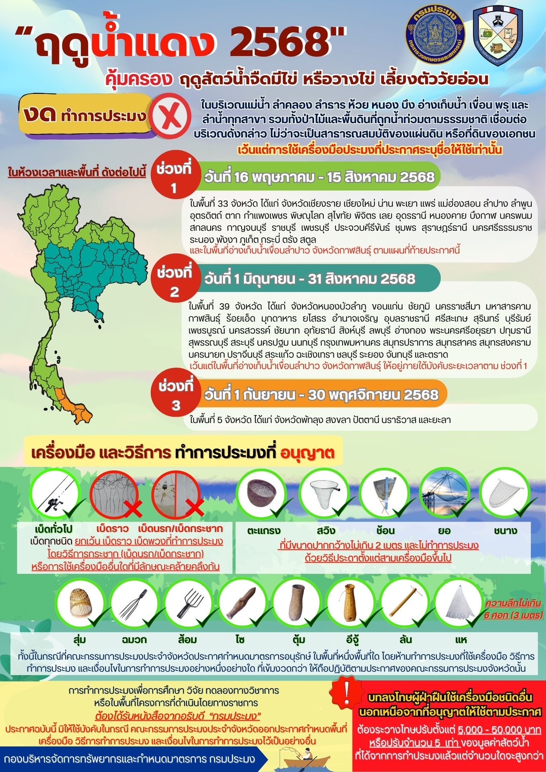 กำหนดพื้นที่และระยะเวลาฤดูสัตว์น้ำจืดมีไข่ หรือวางไข่ เลี้ยงตัวอ่อน และกำหนดเครื่องมือ วิธีการทำการประมง และเงื่อนไขในการทำประมง พ.ศ. 2568” หรือที่รู้จักกันดีในชื่อว่า “ประกาศฤดูน้ำแดง