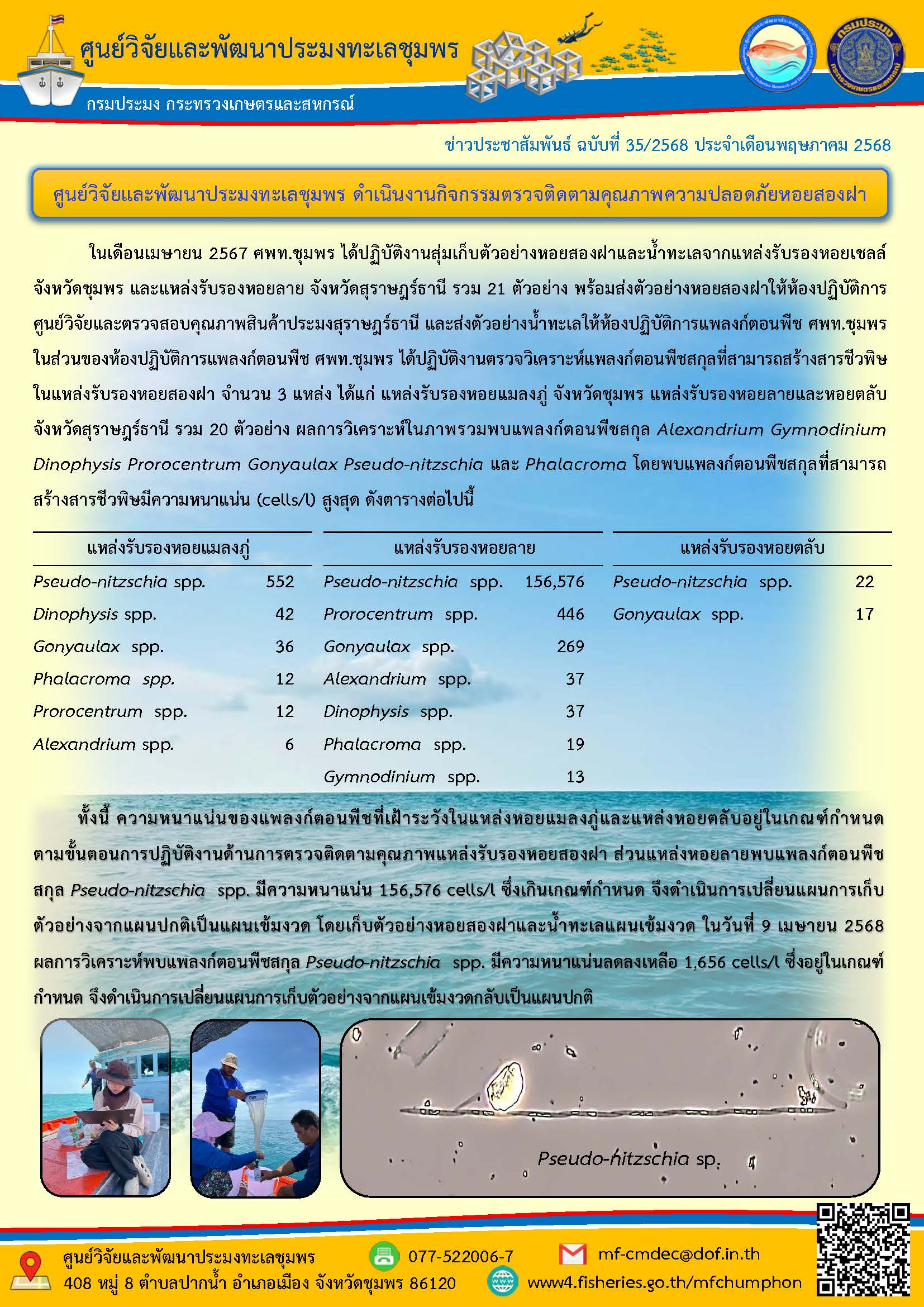 ศพท.ชุมพร ดำเนินงานกิจกรรมตรวจติดตามคุณภาพความปลอดภัยหอยสองฝา..คลิก