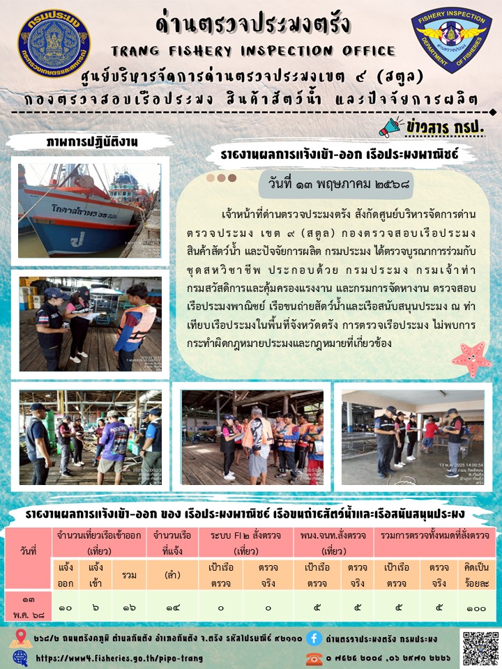 ประชาสัมพันธ์การปฏิบัติงานศูนย์บริหารจัดการด่านตรวจประมงเขต 9 (สตูล) ประจำวันที่ 11-15 พฤษภาคม 2568..คลิก