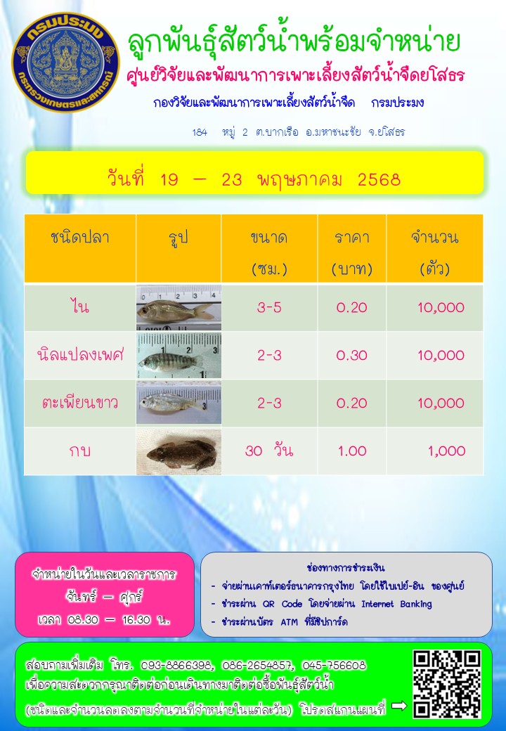 ลูกพันธุ์สัตว์น้ำพร้อมจำหน่าย 19 - 23 พ.ค. 2568