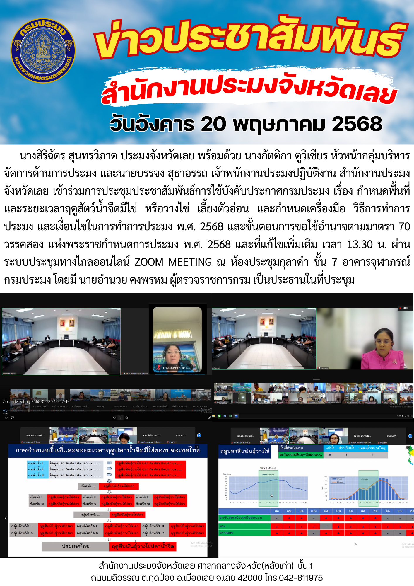 ประชุมประชาสัมพันธ์การใช้บังคับประกาศกรมประมง เรื่อง กำหนดพื้นที่และระยะเวลาฤดูสัตว์น้ำจืดมีไข่ หรือวางไข่ เลี้ยงตัวอ่อน และกำหนดเครื่องมือ วิธีการทำการประมง และเงื่อนไขในการทำการประมง พ.ศ. 2568 และขั้นตอนการขอใช้อำนาจตามมาตรา 70 วรรคสอง