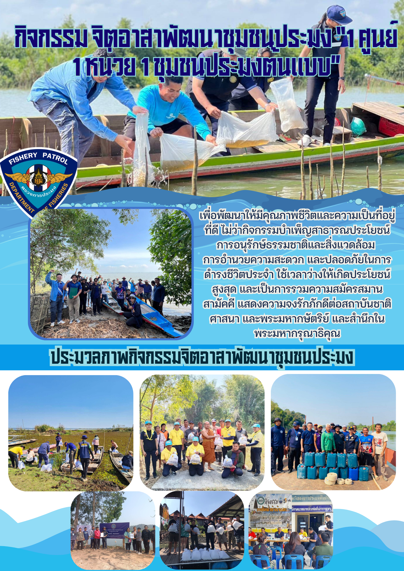 กองตรวจการประมงขับเคลื่อนชุมชนประมงต้นแบบ ผ่านกิจกรรมอาสาพัฒนา ชุมชนประมงต้นแบบ 1 ศูนย์ฯ 1  หน่วยฯ 1 ชุมชนประมงต้นแบบ ทั้งอาชีพและคุณภาพชีวิต (องค์กรคุณธรรม ประจำปี2568)