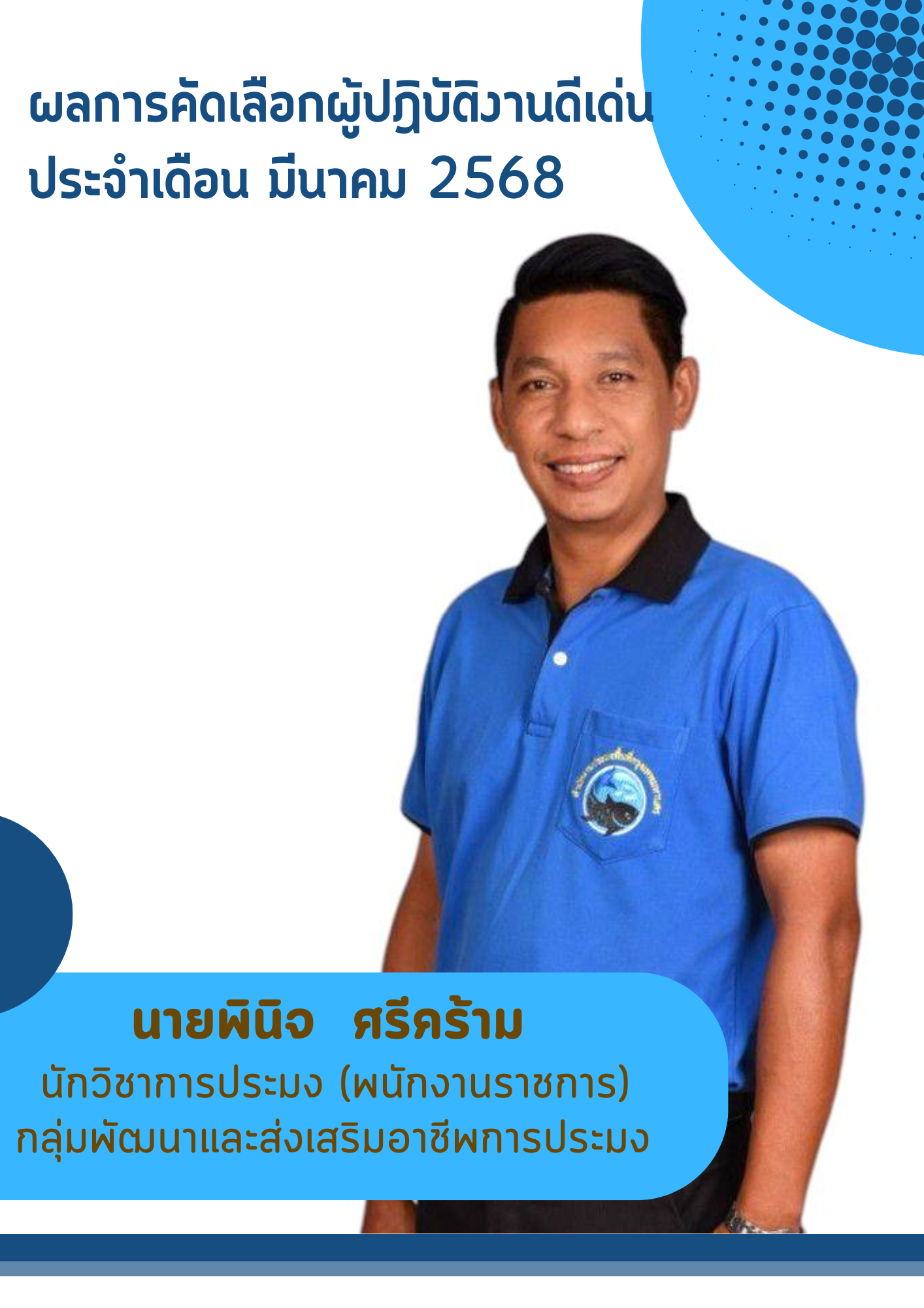 สำนักงานประมงพื้นที่กรุงเทพมหานคร ดำเนินการยกย่องผู้ปฏิบัติงานดีเด่นประจำเดือนในแต่ละเดือน