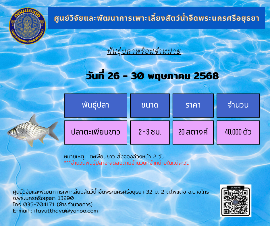 ชนิดพันธุ์สัตว์น้ำพร้อมจำหน่าย (26 - 30 พฤษภาคม 2568) ศพจ.พระนครศรีอยุธยา