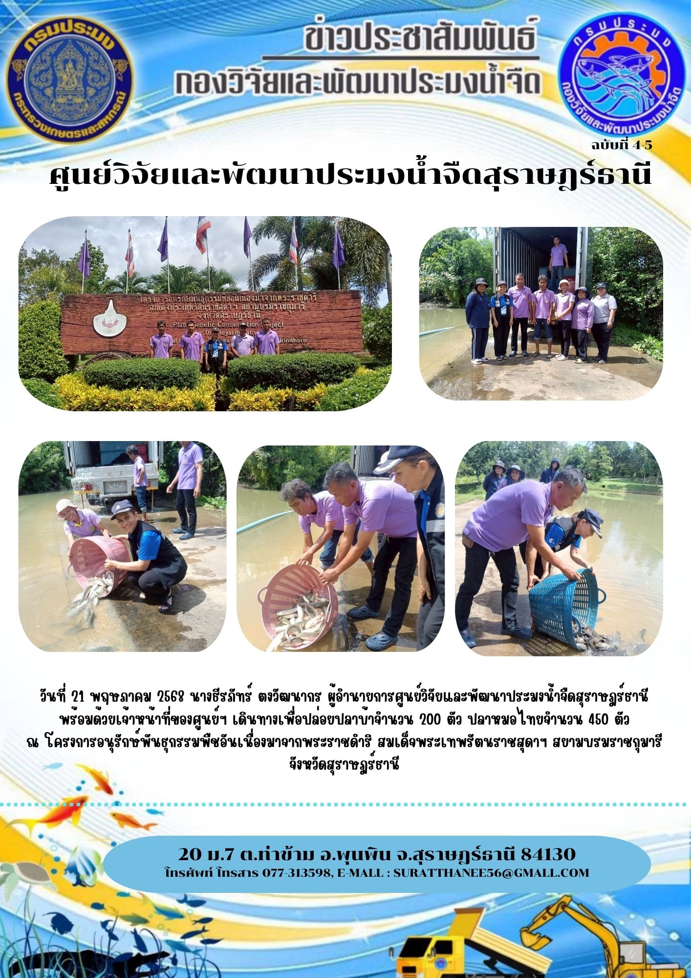 วันที่ 21 พฤษภาคม 2568 นางธีรภัทร์ ตงวัฒนากร ผู้อำนายการศูนย์วิจัยและพัฒนาประมงน้ำจืดสุราษฎร์ธานี         พร้อมด้วยเจ้าหน้าที่ของศูนย์ฯ เดินทางเพื่อปล่อยปลาบ้าจำนวน 200 ตัว ปลาหมอไทยจำนวน 450 ตัว ณ โครงการอนุรักษ์พันธุกรรมพืชอันเนื่องมาจากพระราชดำริ สมเด็จพระเทพรัตนราชสุดาฯ สยามบรมราชกุมารี   จังหวัดสุราษฎร์ธานี..คลิก
