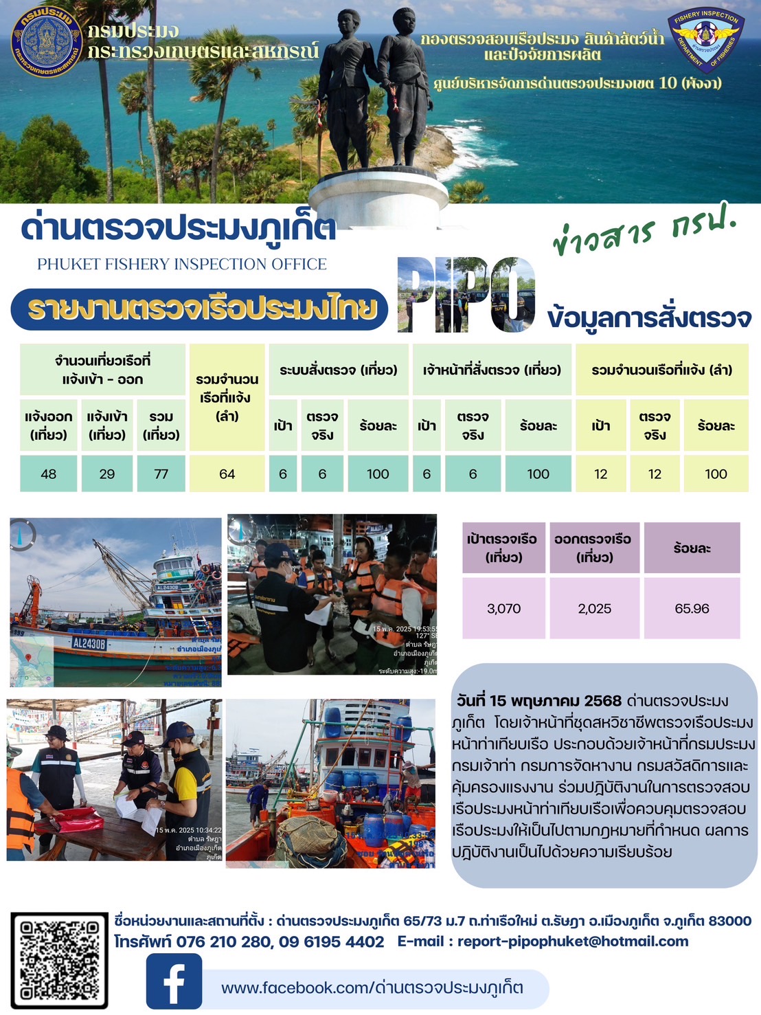 ข่าวประชาสัมพันธ์กิจกรรมการตรวจเรือประมงพาณิชย์แจ้งเข้า - ออก วันที่ 15 พฤษภาคม 2568..คลิก