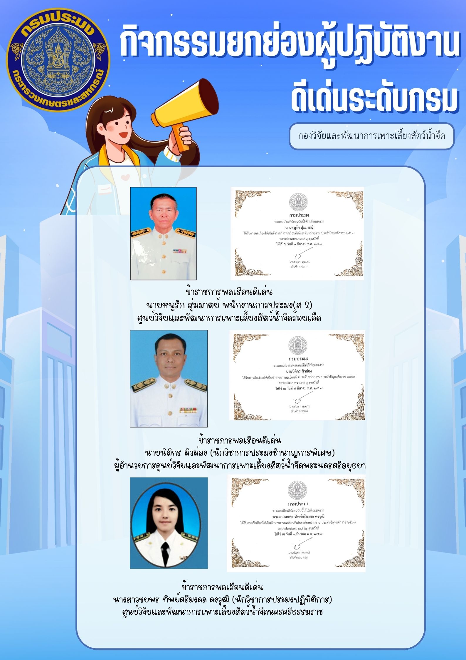 กิจกรรมยกย่องผู้ปฏิบัติงานดีเด่นระดับกรม..คลิก