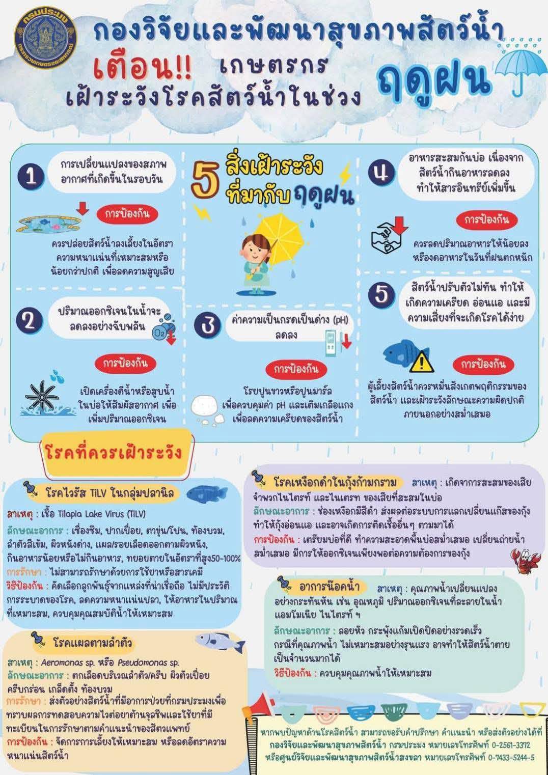 กองวิจัยและพัฒนาสุขภาพสัตว์น้ำ เตือน!! เกษตรกรเฝ้าระวังโรคสัตว์น้ำในช่วงฤดูฝน..คลิก