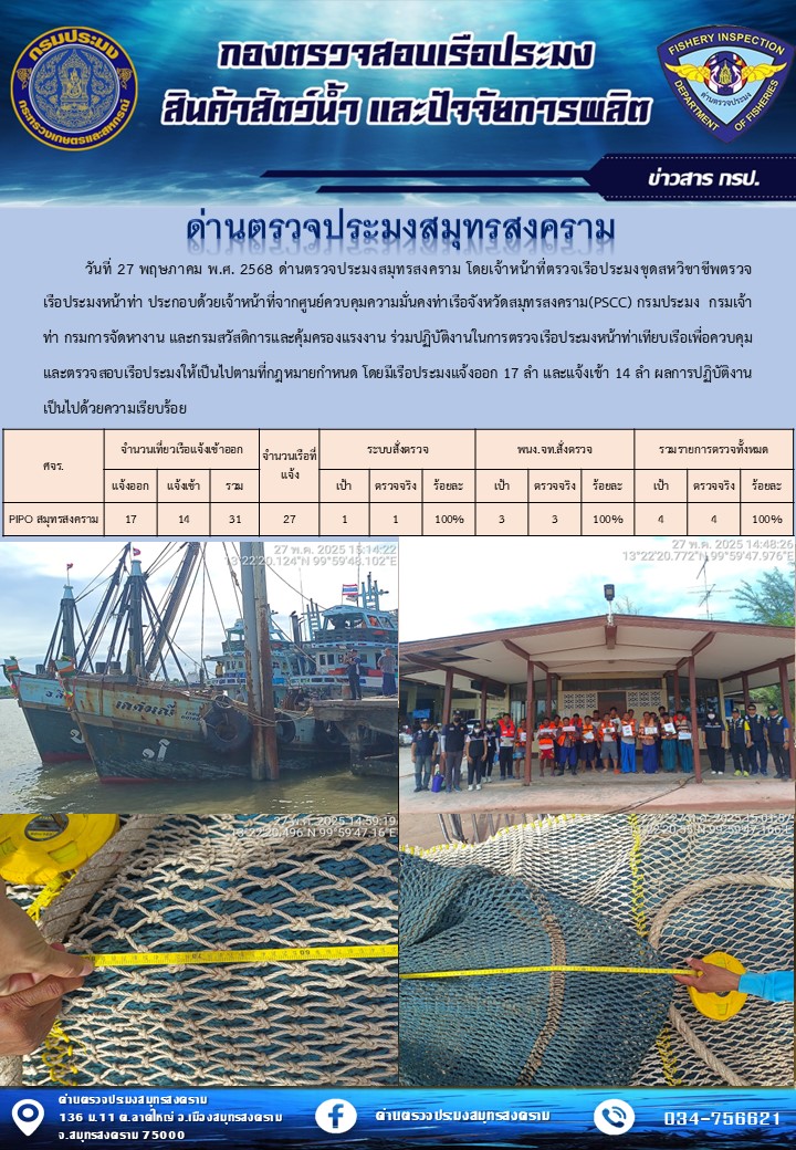 สถิติการแจ้งเข้า - ออกเรือประมงพาณิชย์ ด่านตรวจประมงสมุทรสงคราม ประจำวันที่ 27 พฤษภาคม 2568..คลิก