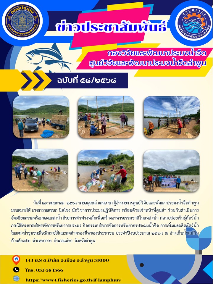 วันที่ 29 พฤษภาคม  2568 นายอนุสรณ์ แสนอาษา ผู้อำนวยการศูนย์วิจัยและพัฒนาประมงน้ำจืดลำพูนมอบหมายให้ นางสาวกมลชนก นิลโขง นักวิชาการประมงปฏิบัติการ พร้อมด้วยเจ้าหน้าที่ศูนย์ฯ ร่วมกันดำเนินการจัดเตรียมความพร้อมของแหล่งน้ำ ด้วยการทำฟางหมักเพื่อสร้างอาหารธรรมชาติในแหล่งน้ำ ก่อนปล่อยพันธุ์สัตว์น้ำ ภายใต้โครงการบริหารจัดการทรัพยากรประมง กิจกรรมบริหารจัดการทรัพยากรประมงน้ำจืด การเพิ่มผลผลิตสัตว์น้ำในแหล่งน้ำชุมชนเพื่อเพิ่มรายได้และลดค่าครองชีพของประชาชน ประจำปีงบประมาณ 2568 ณ อ่างเก็บน้ำแม่กึม บ้านท้องฝาย ตำบลทากาศ อำเภอแม่ทา จังหวัดลำพูน..คลิก