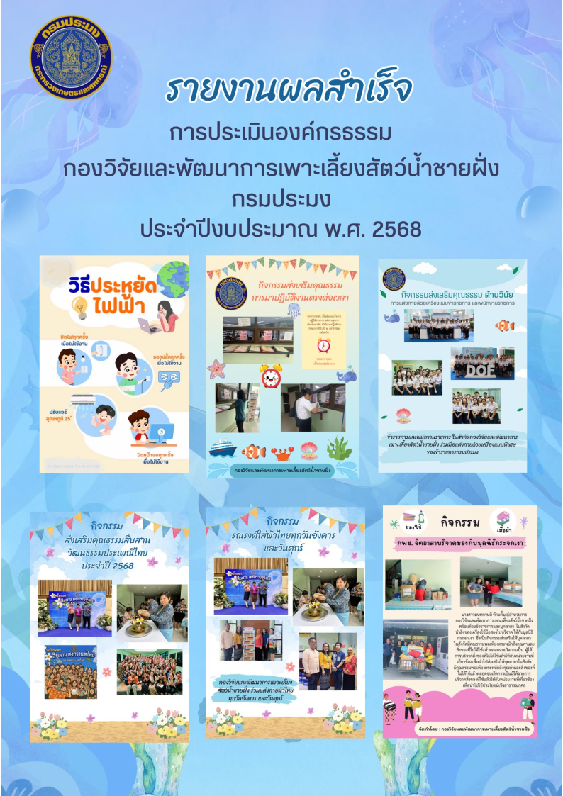 รายงานผลสำเร็จการประเมินองค์กรคุณธรรม ของกองวิจัยและพัฒนาการเพาะเลี้ยงสัตว์น้ำชายฝั่ง ประจำปีงบประมาณ พ.ศ.2568