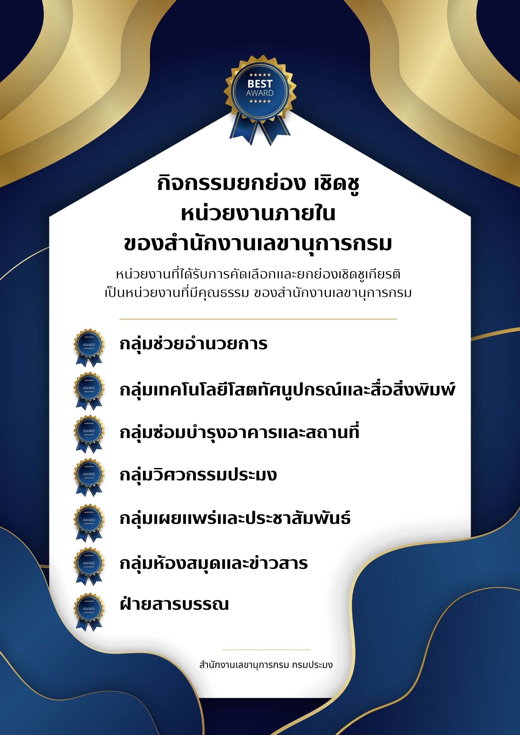กิจกรรมยกย่อง เชิดชู หน่วยงานภายในของสำนักงานเลขานุการกรม..คลิก