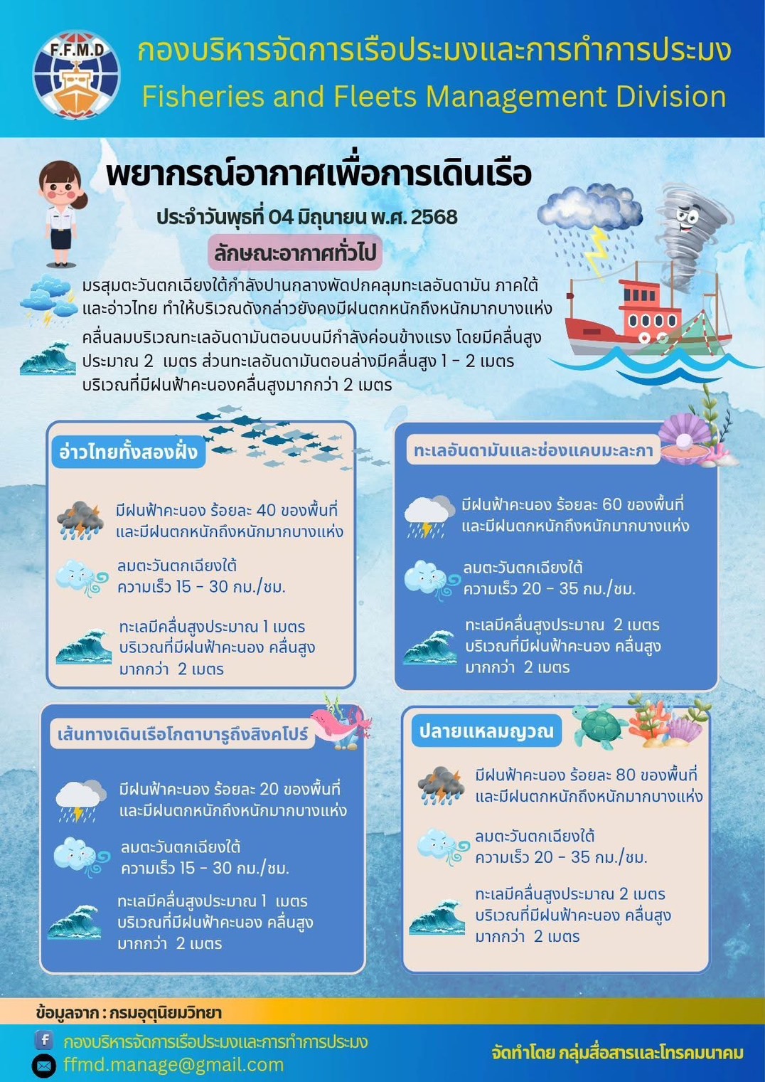พยากรณ์อากาศเพื่อการเดินเรือประจำวันพุทธที่ 04 มิถุนายน 2568..คลิก