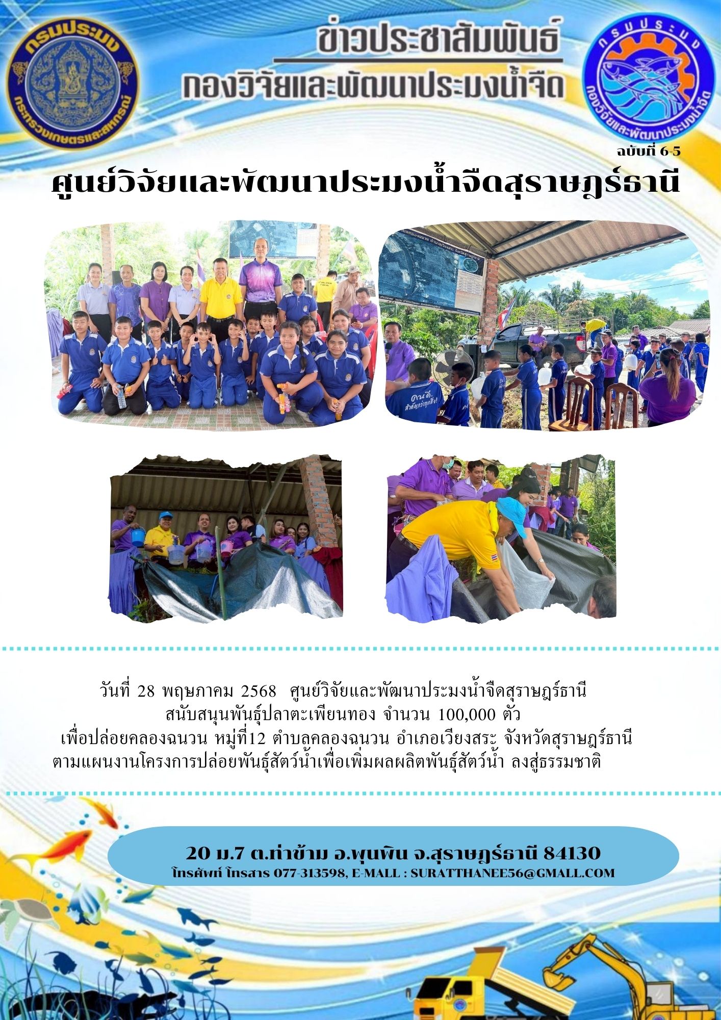วันที่ 28 พฤษภาคม 2568  ศูนย์วิจัยและพัฒนาประมงน้ำจืดสุราษฎร์ธานี สนับสนุนพันธุ์ปลาตะเพียนทอง จำนวน 100,000 ตัว  เพื่อปล่อยคลองฉนวน หมู่ที่12 ตำบลคลองฉนวน อำเภอเวียงสระ จังหวัดสุราษฎร์ธานี ตามแผนงานโครงการปล่อยพันธุ์สัตว์น้ำเพื่อเพิ่มผลผลิตพันธุ์สัตว์น้ำ ลงสู่ธรรมชาติ..คลิก