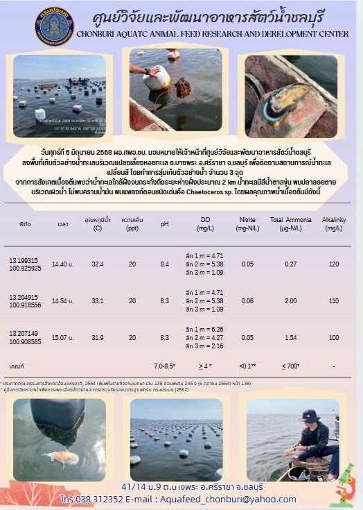 ข่าวประชาสัมพันธ์ : ลงพื้นที่เก็บตัวอย่างน้ำทะเลบริเวณแปลงเลี้ยงหอย ติิดตามสถานการณ์น้ำทะเลเปลี่ยนสี