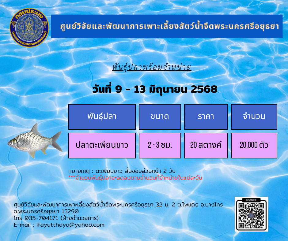 ชนิดพันธุ์สัตว์น้ำพร้อมจำหน่าย (9-13 มิถุนายน 2568) ศพจ.พระนครศรีอยุธยา