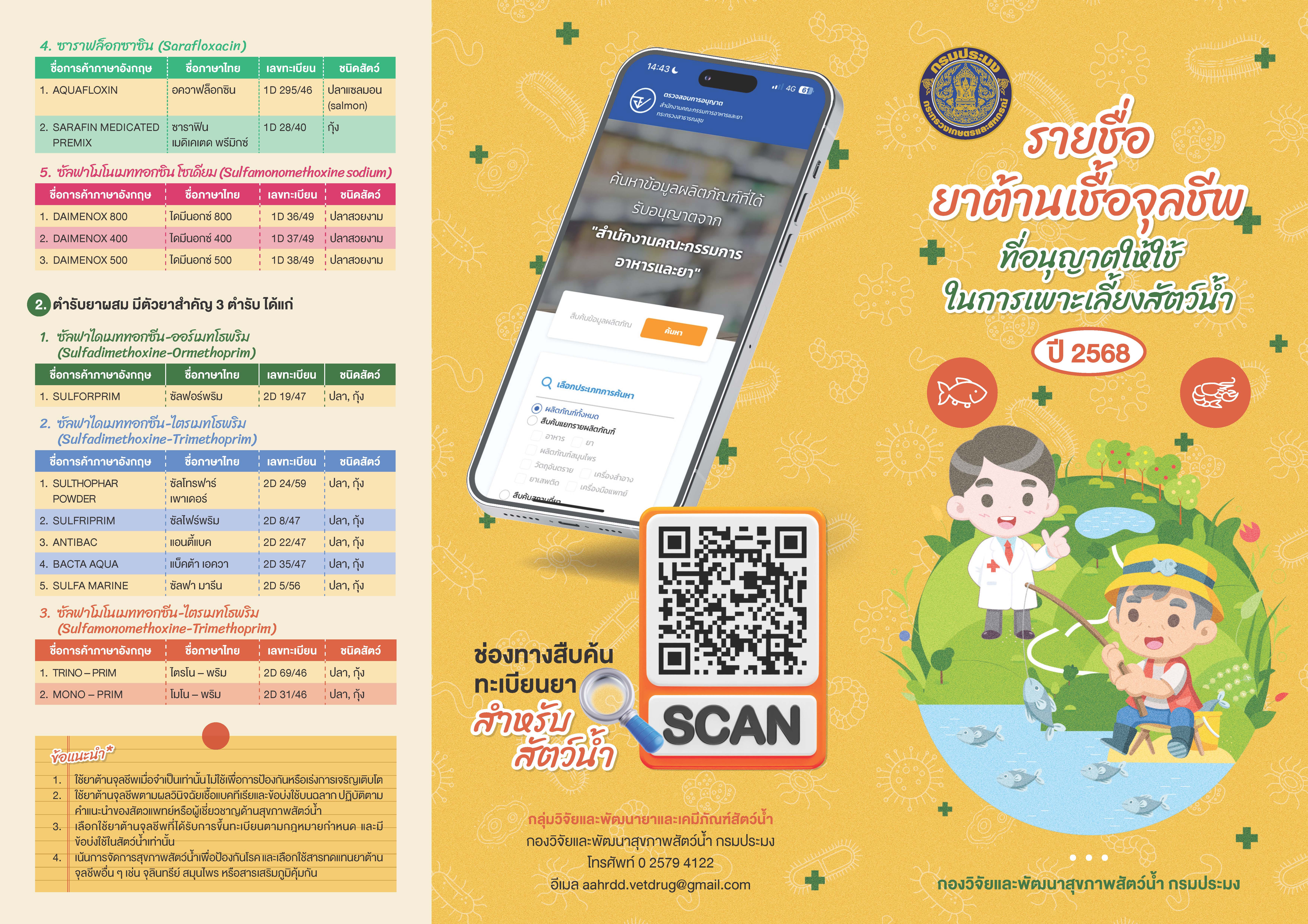 รายชื่อยาต้านจุลชีพที่อนุญาตให้ใช้ในการเพาะเลี้ยงสัตว์น้ำ ปี 2568