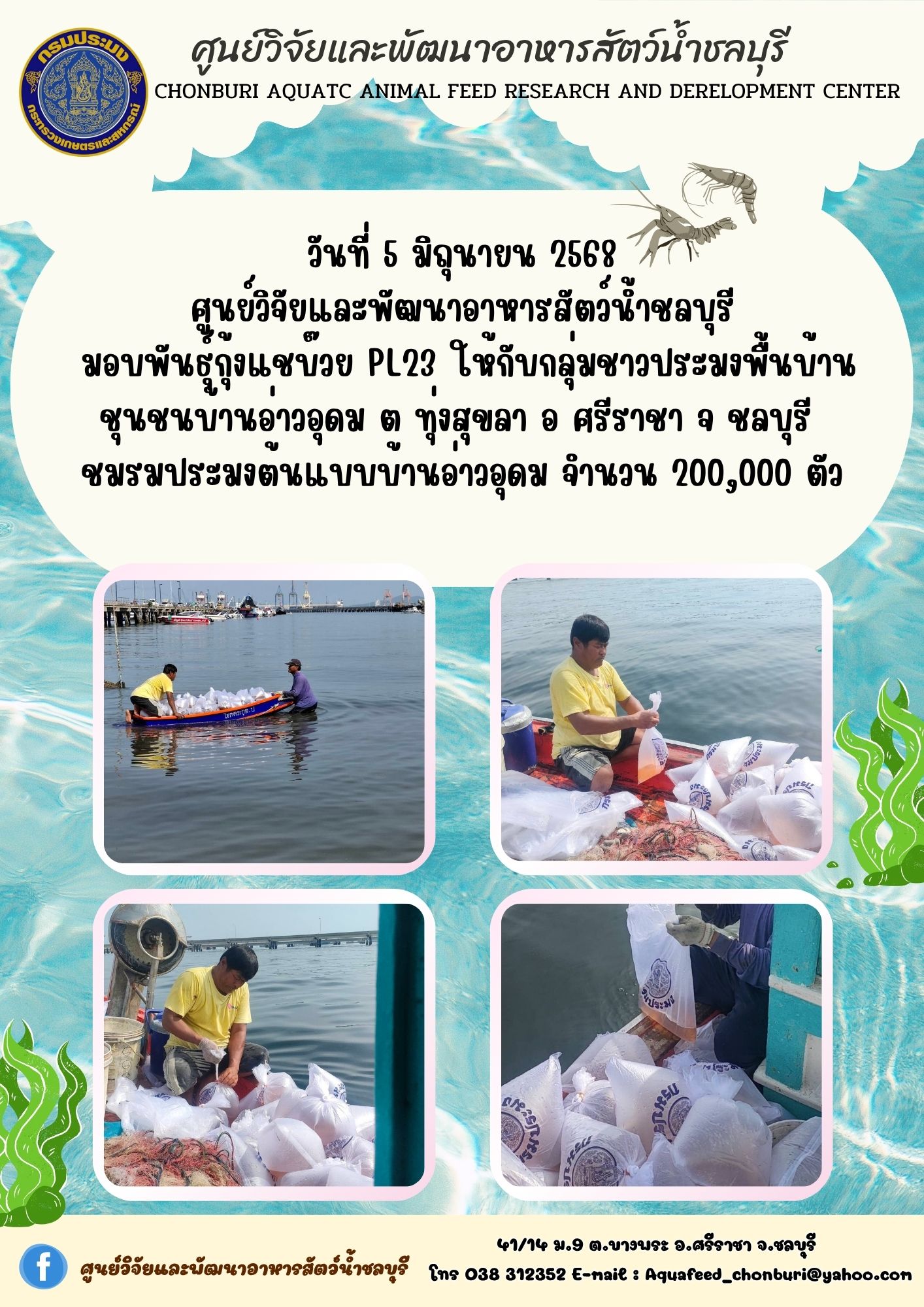 ข่าวประชาสัมพันธ์ : มอบพันธ์ุกุ้งแชบ๊วย PL23 ให้กับกลุ่มชาวประมงพื้นบ้าน