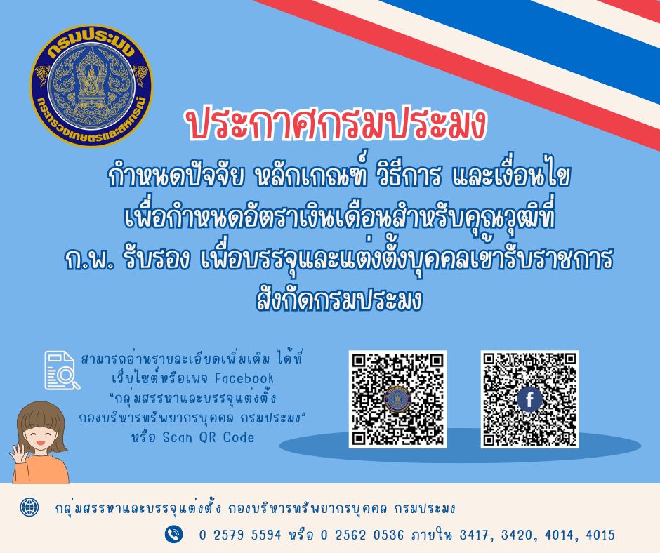 ประกาศกรมประมง เรื่อง กำหนดปัจจัย หลักเกณฑ์ วิธีการ และเงื่อนไข เพื่อกำหนดอัตราเงินเดือนสำหรับคุณวุฒิที่ ก.พ. รับรองเพื่อบรรจุและแต่งตั้งบุคคลเข้ารับราชการสังกัดกรมประมง