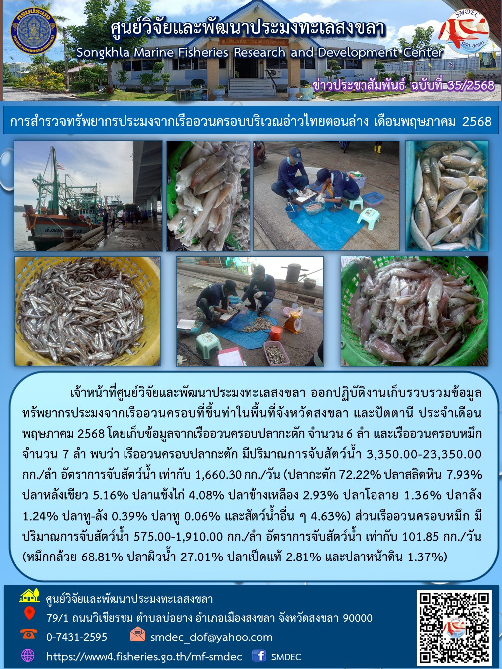   เจ้าหน้าที่ศูนย์วิจัยและพัฒนาประมงทะเลสงขลา ออกปฏิบัติงานเก็บรวบรวมข้อมูลทรัพยากรประมงจากเรืออวนครอบที่ขึ้นท่าในพื้นที่จังหวัดสงขลา และปัตตานี ประจำเดือนพฤษภาคม 2568 