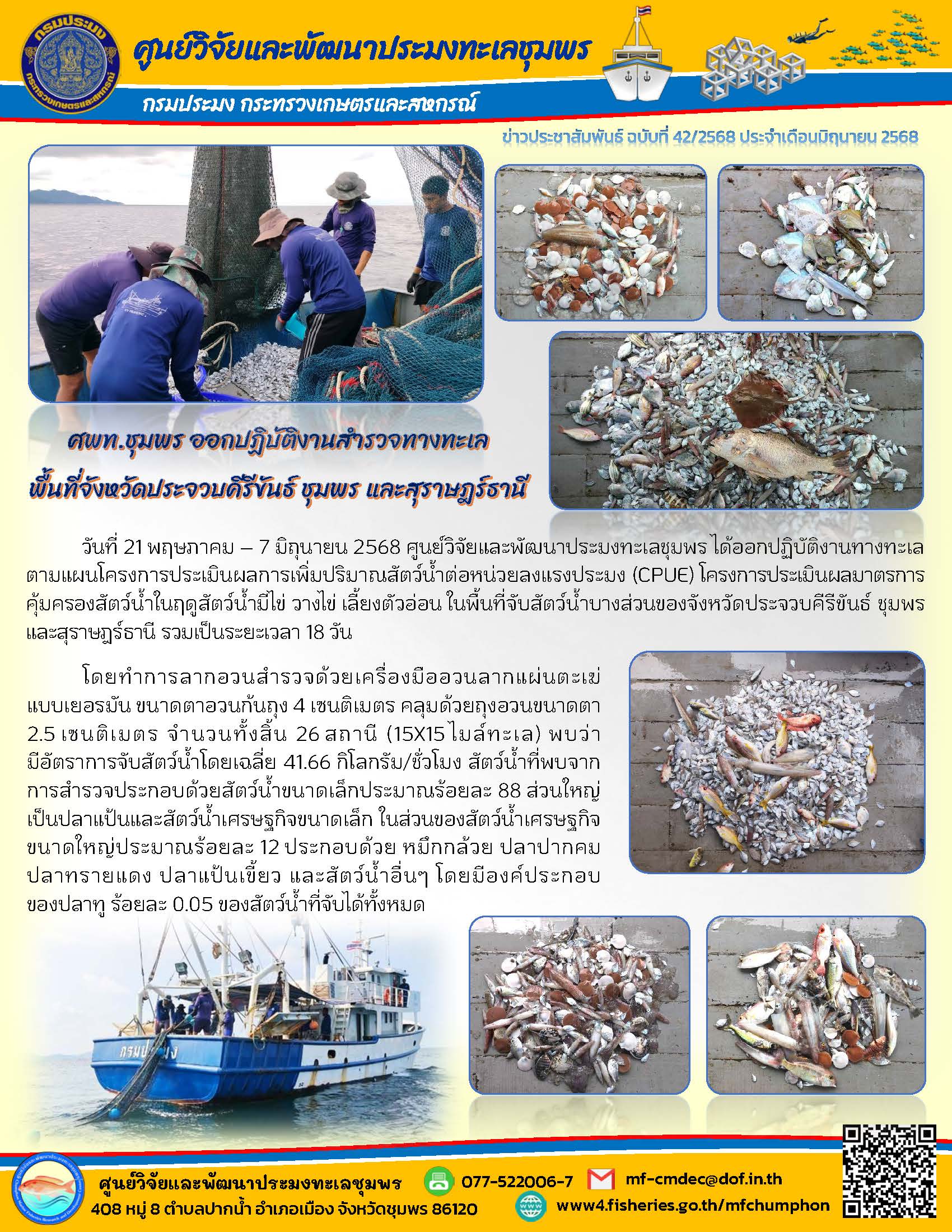 วันที่ 21 พฤษภาคม - 7 มิถุนายน 2568 ศูนย์วิจัยและพัฒนาประมงทะเลชุมพร ได้ออกปฏิบัติงานทางทะเลตามแผนโครงการประเมินผลการเพิ่มปริมาณสัตว์น้ำต่อหน่วยลงแรงประมง (CPUE) โครงการประเมินผลมาตรการ คุ้มครองสัตว์น้ำในฤดูสัตว์น้ำมีไข่ วางไข่ เลี้ยงตัวอ่อน ในพื้นที่จับสัตว์น้ำบางส่วนของจังหวัดประจวบคีรีขันธ์ ชุมพรและสุราษฎร์ธานี รวมเป็นระยะเวลา 18 วัน ฯลฯ