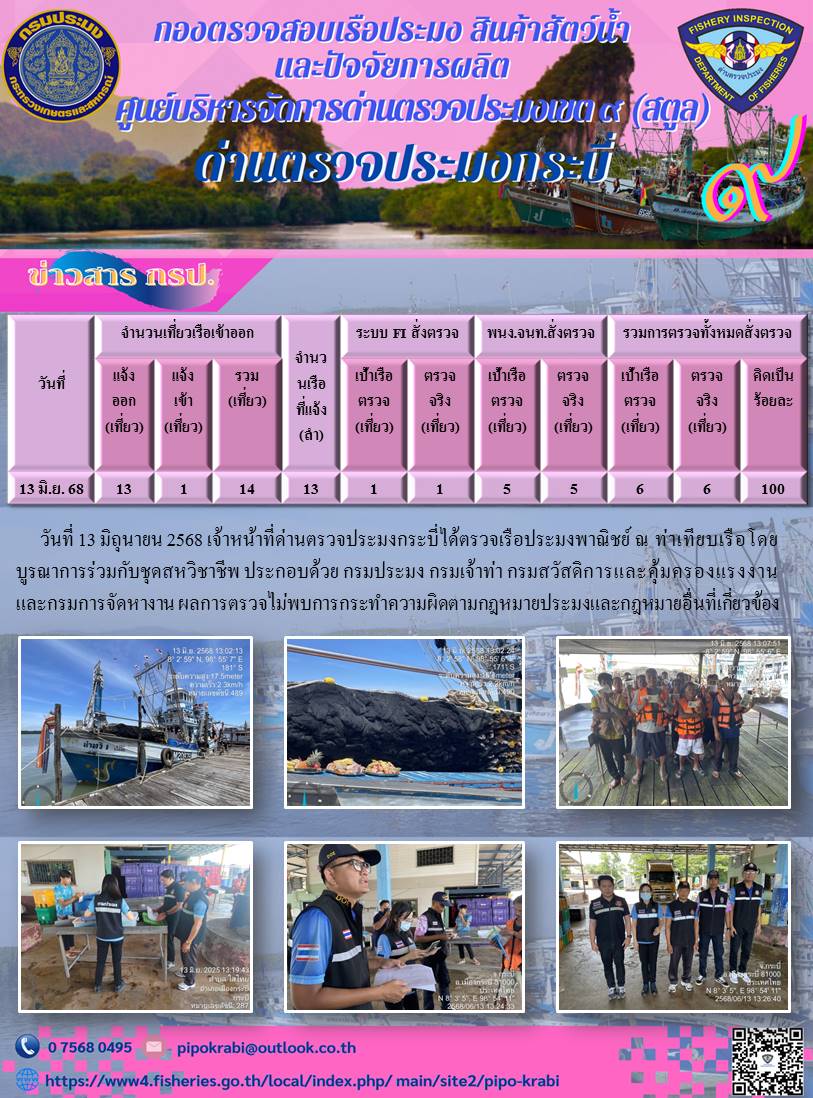 ผลการตรวจเรือประมงวันที่ 13-17 มิ.ย 68..คลิก
