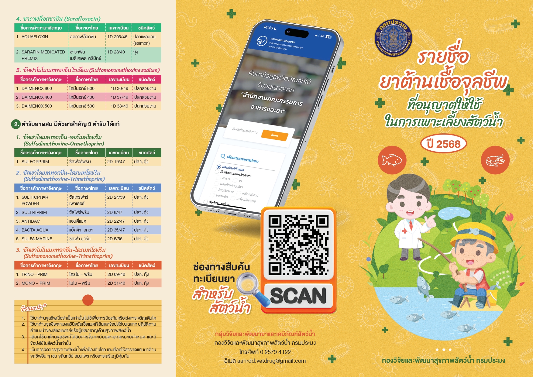 รายชื่อยาต้านจุลชีพที่อนุญาตให้ใช้ในการเพาะเลี้ยงสัตว์น้ำ 2568