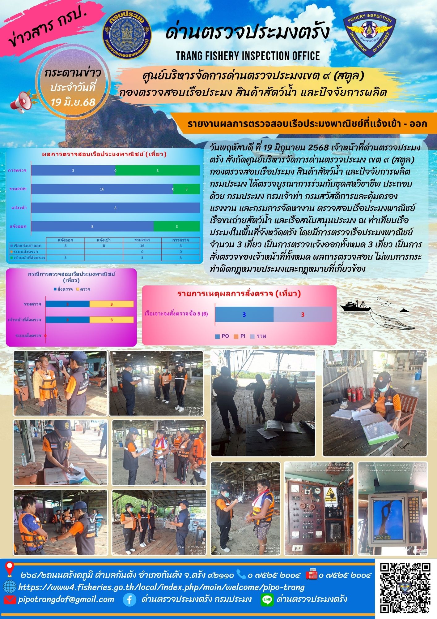 #กระดานข่าวประชาสัมพันธ์ด่านตรวจประมงตรัง #ผลการแจ้งเข้าออกและการตรวจสอบเรือประมงประจำวันที่ 19 มิถุนายน 2568