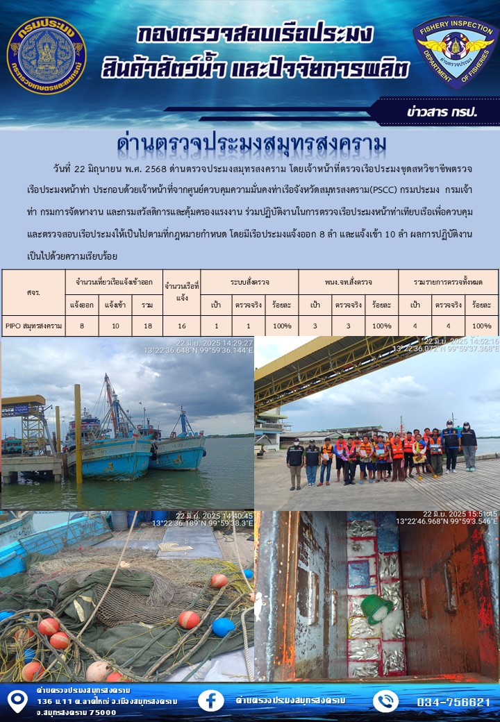 สถิติการแจ้งเข้า - ออกเรือประมงพาณิชย์ ด่านตรวจประมงสมุทรสงคราม ประจำวันที่ 22 มิถุนายน 2568..คลิก