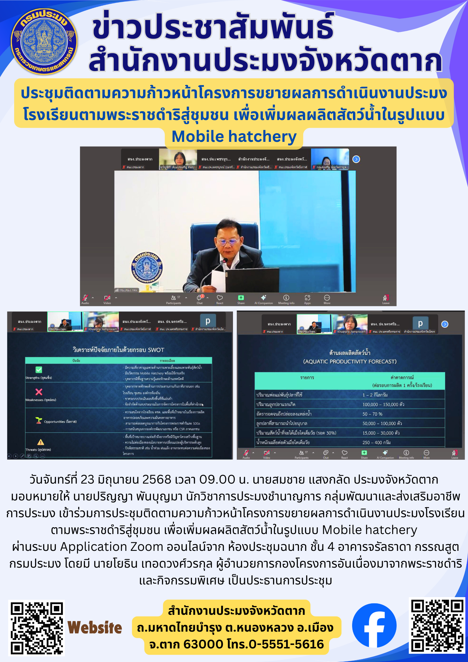 ประชุมติดตามความก้าวหน้าโครงการขยายผลการดำเนินงานประมงโรงเรียนตามพระราชดำริสู่ชุมชน เพื่อเพิ่มผลผลิตสัตว์น้ำในรูปแบบ Mobile hatchery