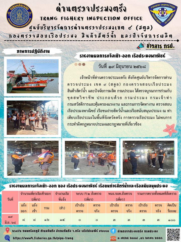 ประชาสัมพันธ์การปฏิบัติงานศูนย์บริหารจัดการด่านตรวจประมงเขต 9 (สตูล) ประจำวันที่ 16-20 มิถุนายน 2568
