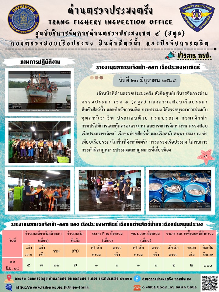 ประชาสัมพันธ์การปฏิบัติงานศูนย์บริหารจัดการด่านตรวจประมงเขต 9 (สตูล) ประจำวันที่ 16-20 มิถุนายน 2568..คลิก