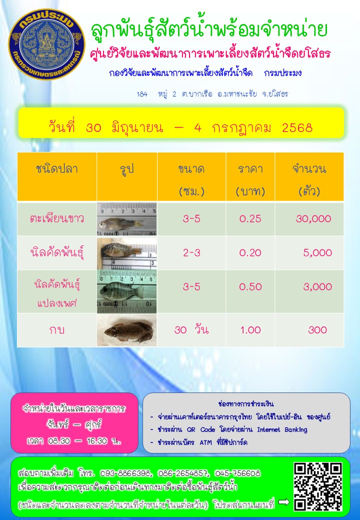 ลูกพันธุ์สัตว์น้ำพร้อมจำหน่าย 30 มิ.ย. - 4 ก.ค. 2568