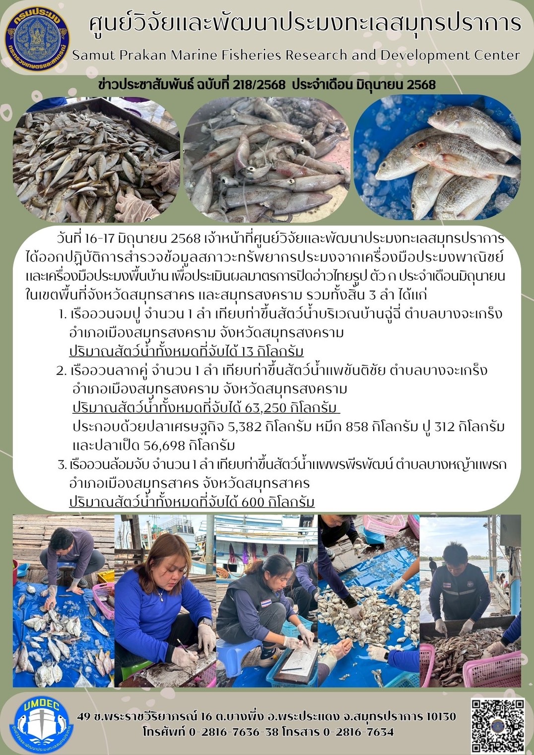 เจ้าหน้าที่ศูนย์วิจัยและพัฒนาประมงทะเลสมุทรปราการ ได้ออกปฏิบัติการสำรวจข้อมูลสภาวะทรัพยากรประมงจากเครื่องมือประมงพาณิชย์และเครื่องมือประมงพื้นบ้าน เพื่อประเมินผลมาตรการปิดอ่าวไทยรูป ตัว ก ประจำเดือนมิถุนายน ในเขตพื้นที่จังหวัดสมุทรสาคร..คลิก